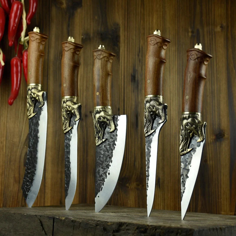 Hand-forged slicing knife with rosewood handle and pure copper guard