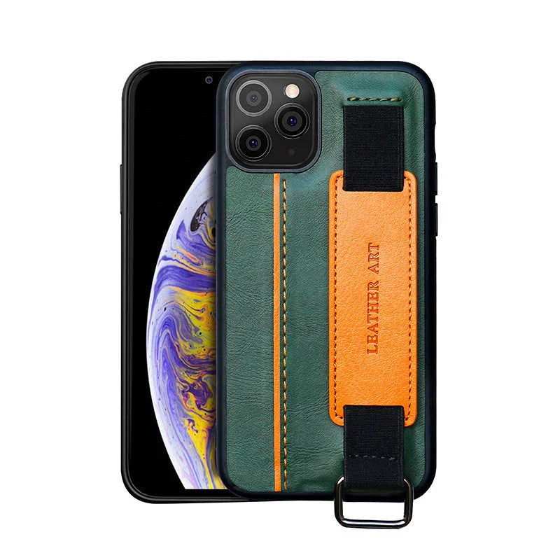 A leather wristband phone case with a versatile design, offering protection and hands-free convenience for smartphone users.