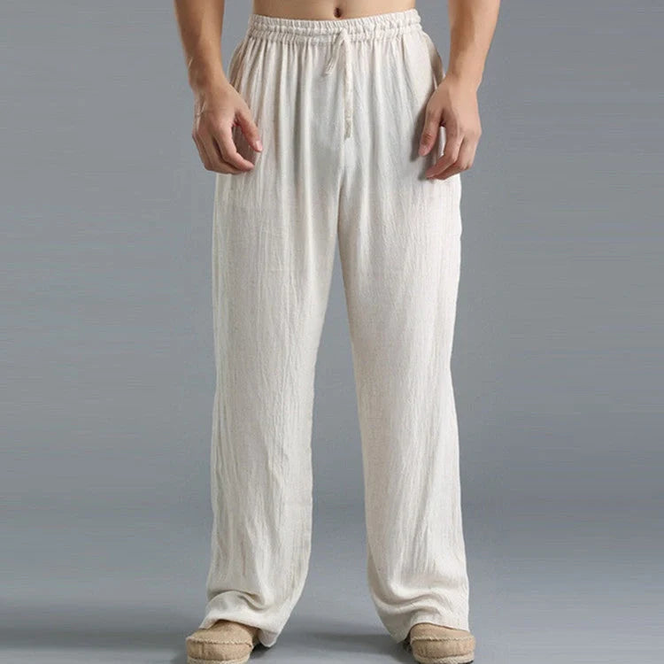 Men's breathable linen loose-fit sports pants in khaki, black, light blue, and off-white