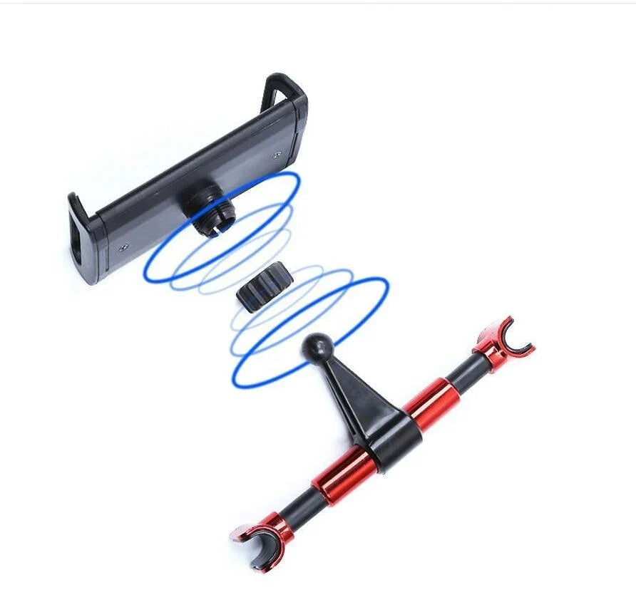 Adjustable car headrest mount for holding smartphones and tablets, with 360-degree swivel and telescopic arm for optimal viewing