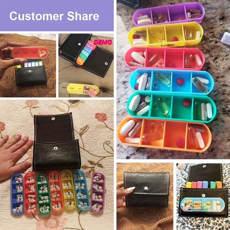 A black plastic 7-day pill organiser with rotating compartments and hidden storage for secure medication management