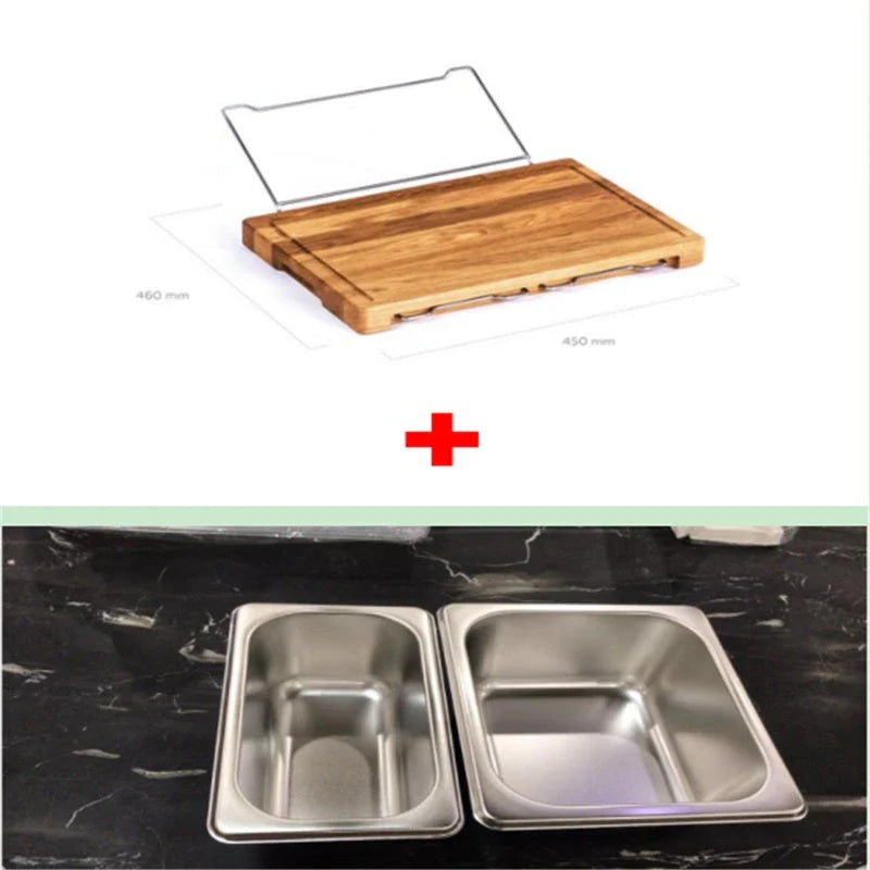 Bamboo cutting board with plastic storage trays for organizing and containing chopped food items