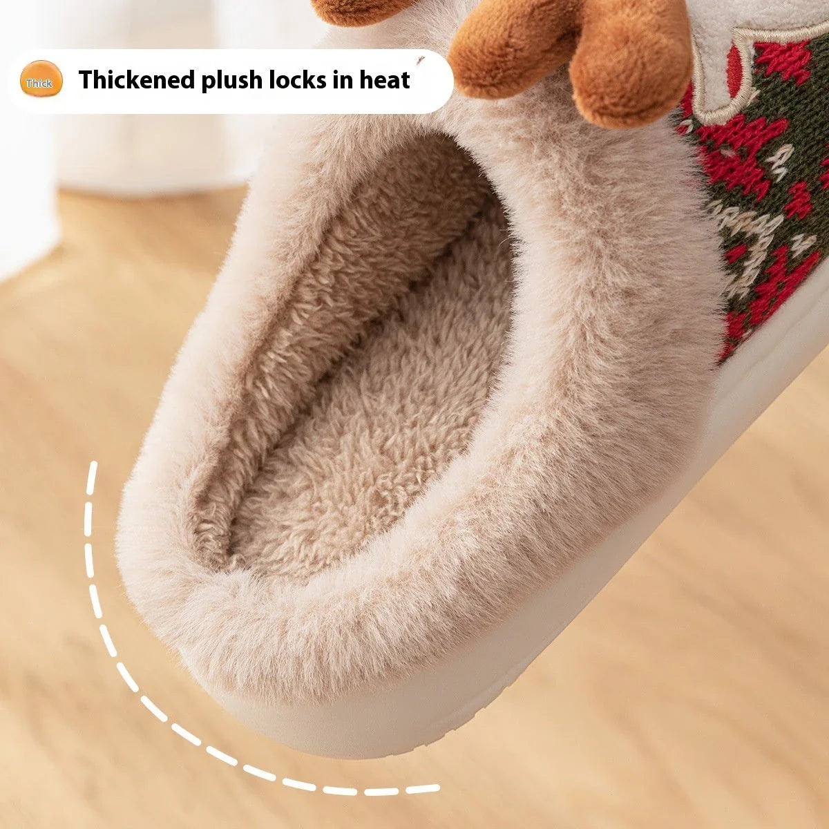 Cozy and festive plush elk-themed slippers in Christmas green and red colors