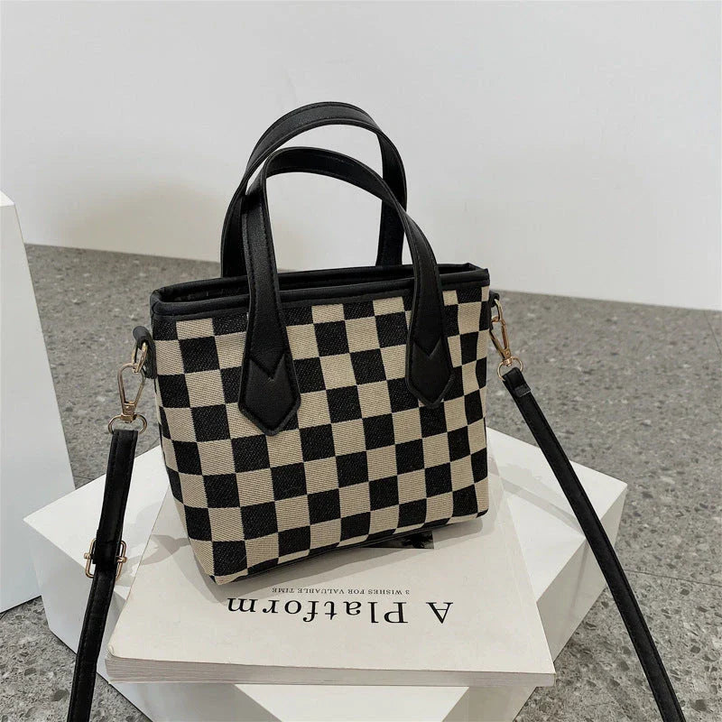 Stylish houndstooth shoulder bags in various colors, including black, coffee, and brown, with and without pendants, featuring a portable and versatile design for everyday use.