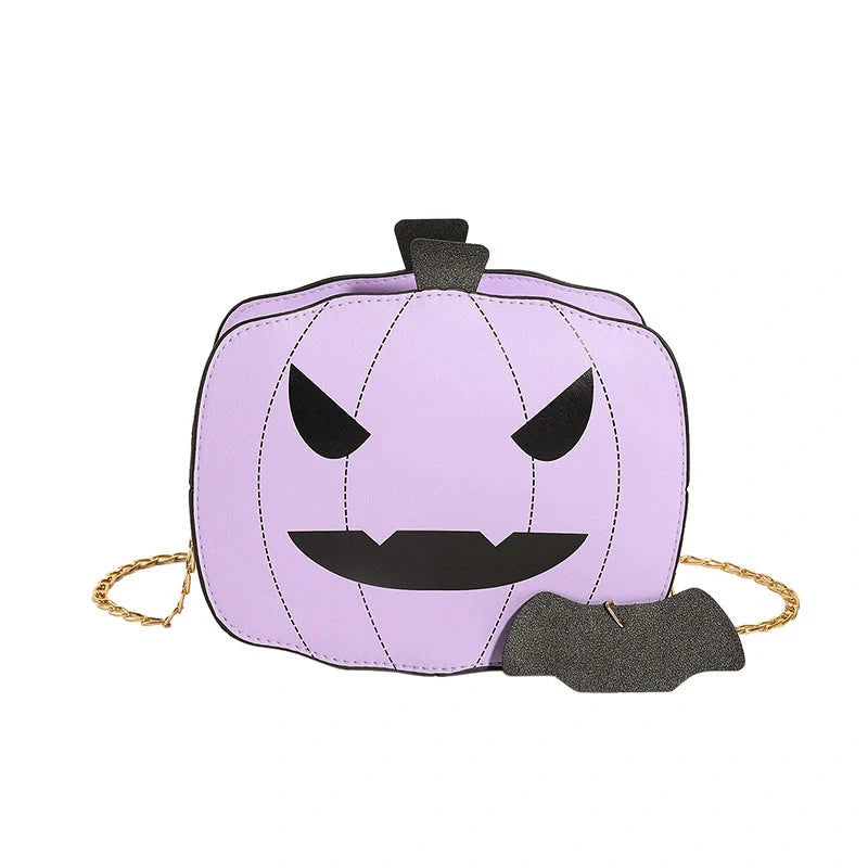 Enchanting Halloween pumpkin-themed shoulder bag in various colours, featuring an adjustable chain strap and trendy urban style
