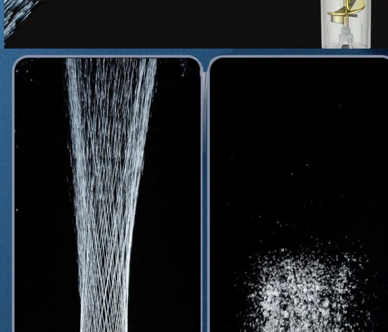Powerful shower head with advanced hydrating features, including bubble, rain, and one-click water stop functions, in sleek and modern design