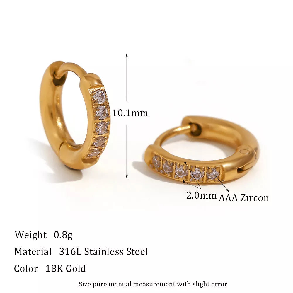 Women's titanium steel rounded edge zircon earrings in gold and steel finishes