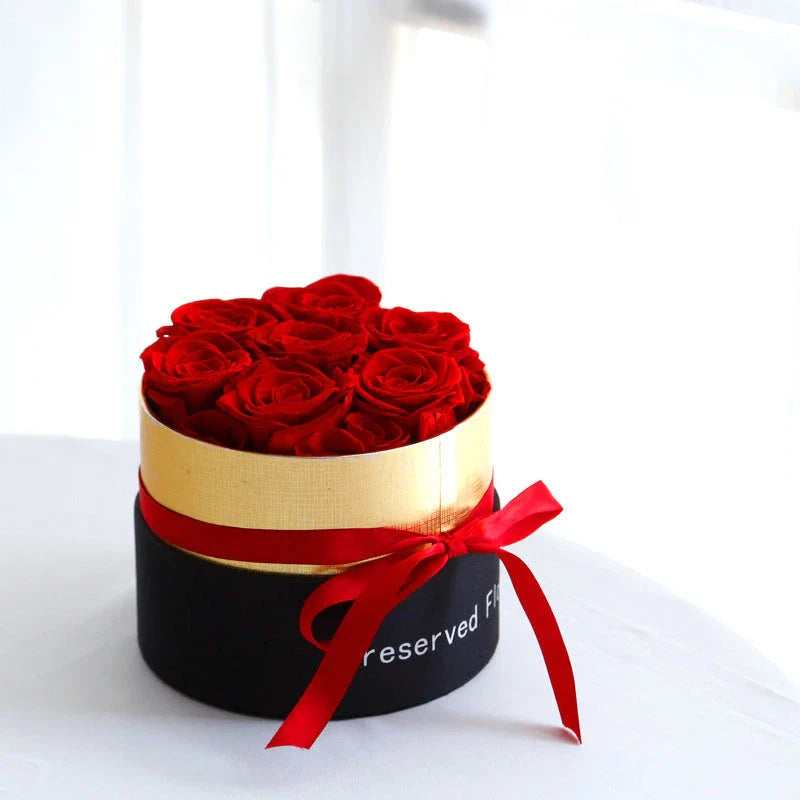 Premium preserved real roses in a luxurious gift box, a romantic floral centerpiece that lasts for years