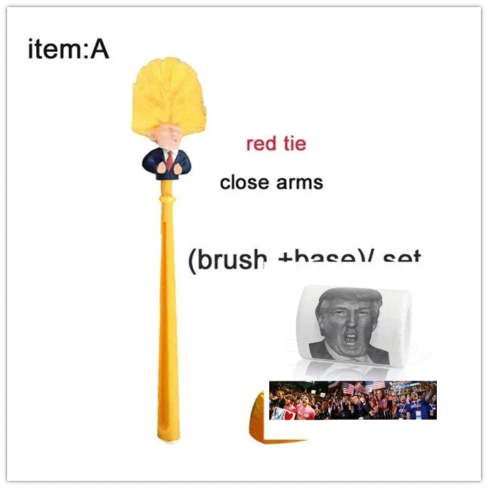 Hilarious Trump-themed toilet brush with bright yellow color and distinctive design