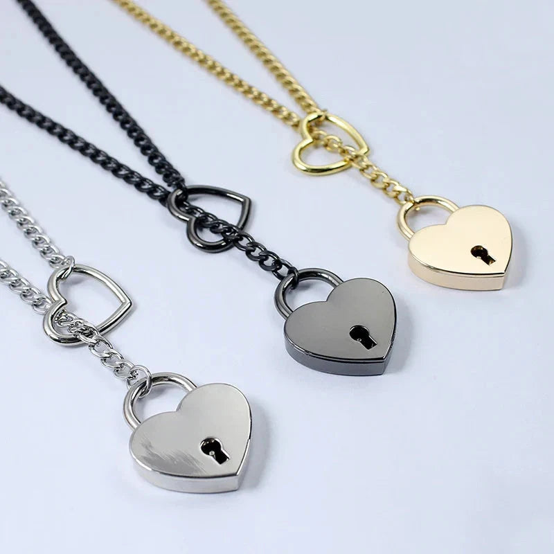 Adjustable Heart Slip Chain Necklace with Key Lock Charm in Black, Silver, and Gold Colours