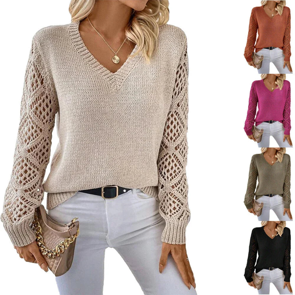 Stylish V-Neck Sweater with Trendy Hollow Sleeves for Women in Variety of Classic Colors