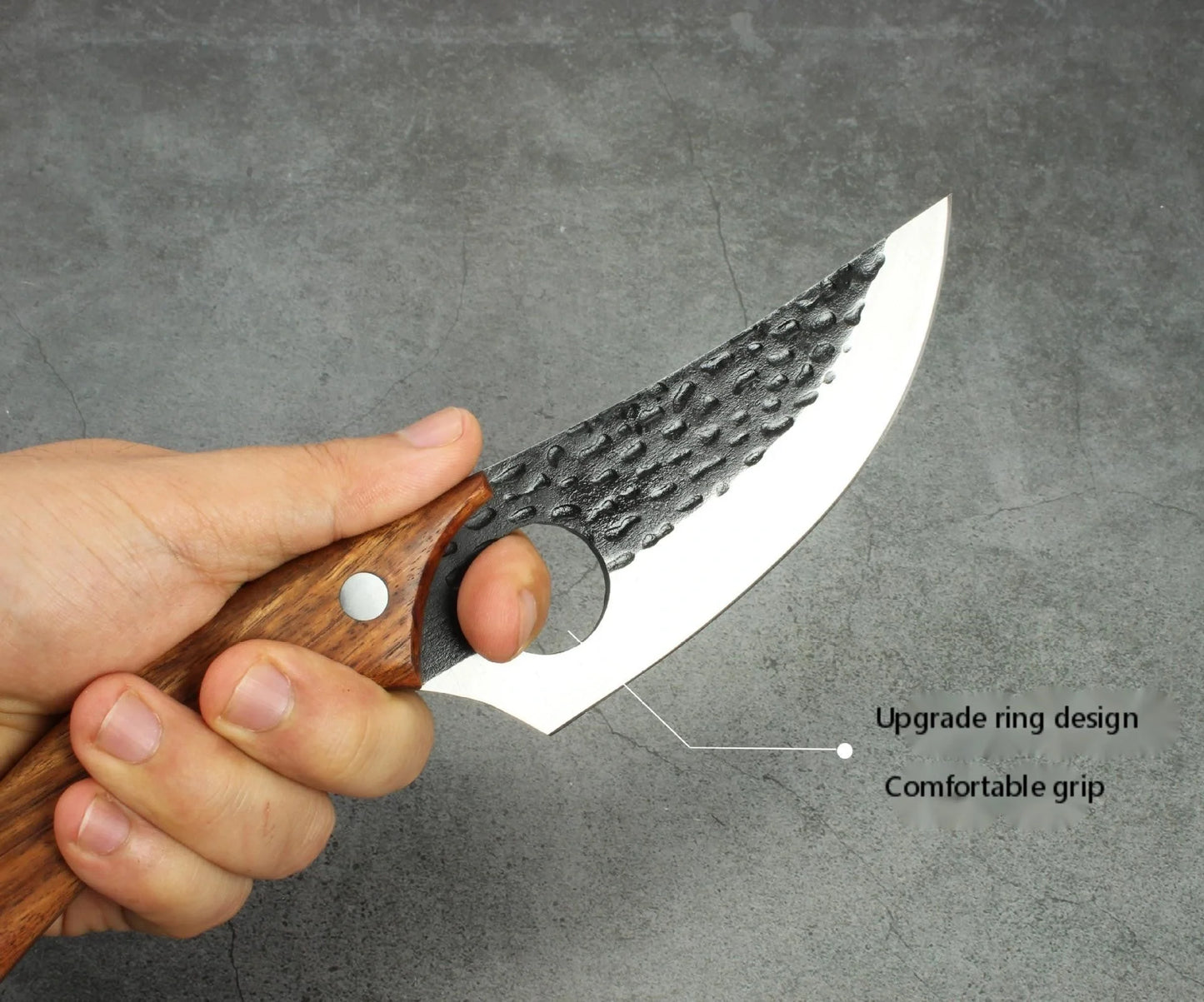 Forged stainless steel boning knife with ergonomic handle and leather sheath