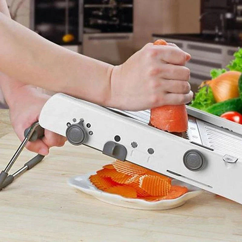 The Versatile Vegetable Slicer with adjustable slicing, shredding, and waffle cutting capabilities for easy meal preparation