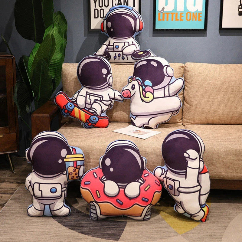 Soft, plush pillows in the shape of astronauts, rockets, and spacecraft to captivate young space enthusiasts