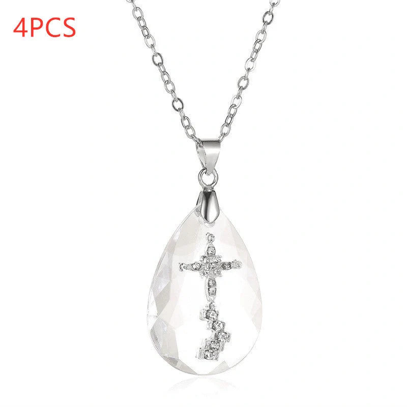Elegant white drop pendant necklace with cross-chain design, made of premium electroplated alloy for a timeless and sophisticated look.