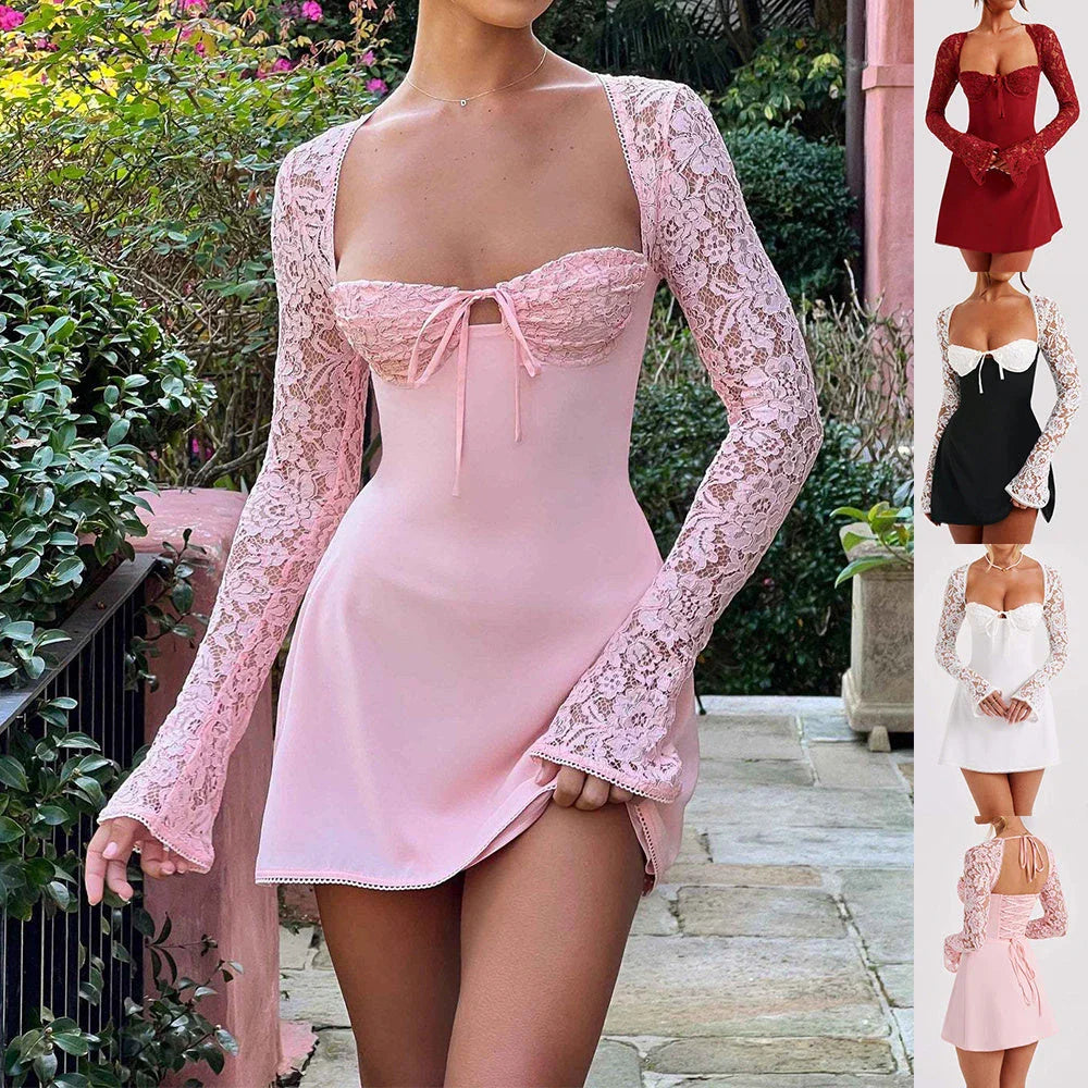 Stylish backless lace dress with long sleeves in various trendy colors