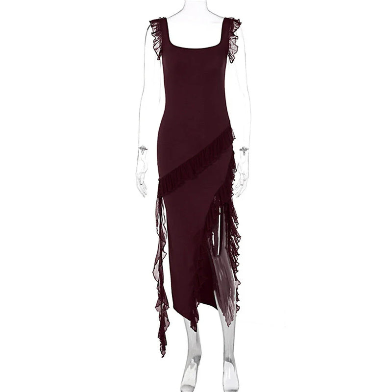 Elegant Satin Slip Dress with High Slit and Ruffle Detailing