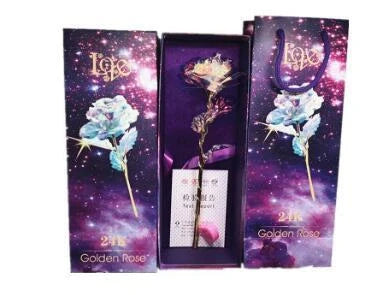 A luxurious 24K gold-plated rose flower bouquet set with a gift box and tote bag
