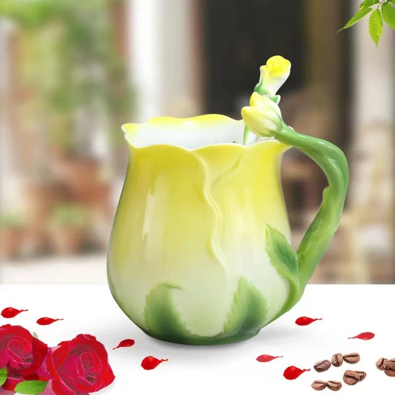 Hand-painted rose ceramic coffee mug with spoon, 320ml capacity