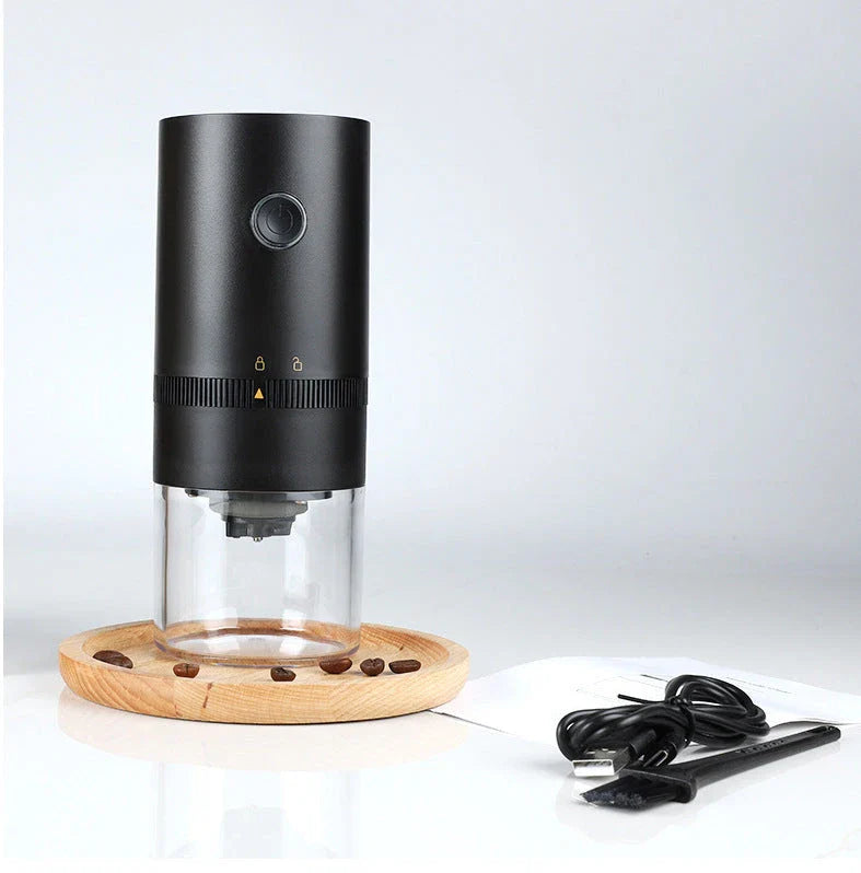 Portable electric coffee grinder with adjustable grind settings, USB-C charging, and dishwasher-safe components for fresh ground coffee on the go.