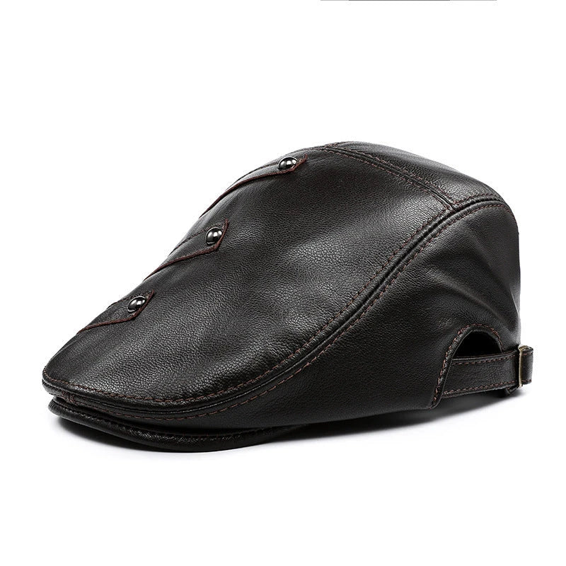 Genuine leather monochrome beret for middle-aged and elderly British men, featuring a sophisticated, adjustable design for premium style and comfort.