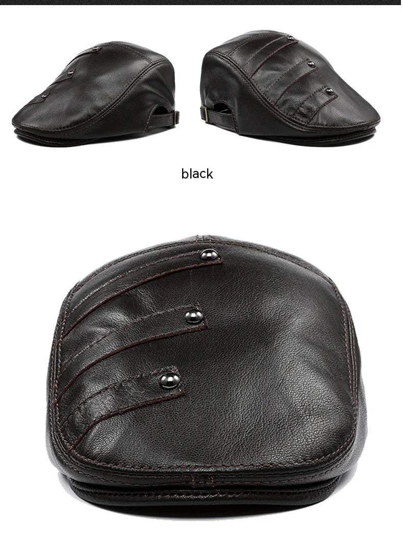 Genuine leather monochrome beret for middle-aged and elderly British men, featuring a sophisticated, adjustable design for premium style and comfort.