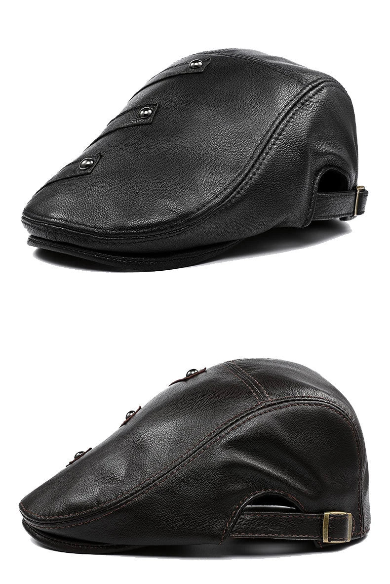 Genuine leather monochrome beret for middle-aged and elderly British men, featuring a sophisticated, adjustable design for premium style and comfort.