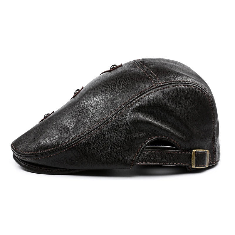 Genuine leather monochrome beret for middle-aged and elderly British men, featuring a sophisticated, adjustable design for premium style and comfort.