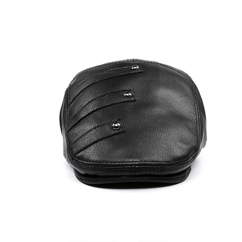 Genuine leather monochrome beret for middle-aged and elderly British men, featuring a sophisticated, adjustable design for premium style and comfort.
