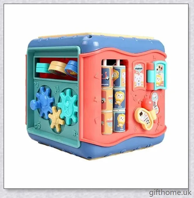 Colourful six-sided educational toy with various games and activities for cognitive development and learning