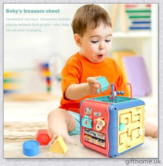 Colourful six-sided educational toy with various games and activities for cognitive development and learning