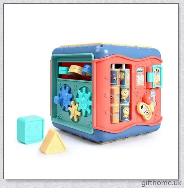 Colourful six-sided educational toy with various games and activities for cognitive development and learning