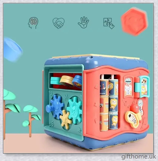 Colourful six-sided educational toy with various games and activities for cognitive development and learning