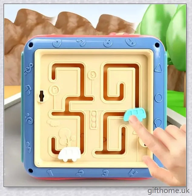Colourful six-sided educational toy with various games and activities for cognitive development and learning