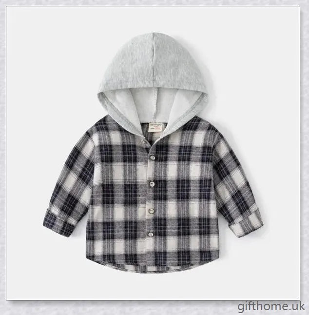 A cosy baby long-sleeved shirt in a charming plaid pattern, featuring a hooded design for extra warmth