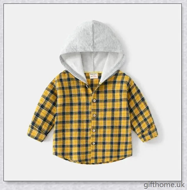 A cosy baby long-sleeved shirt in a charming plaid pattern, featuring a hooded design for extra warmth