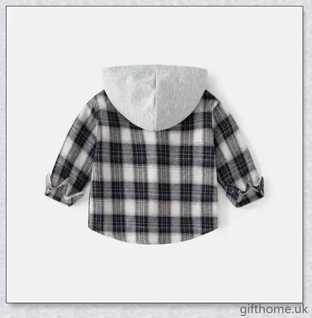 A cosy baby long-sleeved shirt in a charming plaid pattern, featuring a hooded design for extra warmth