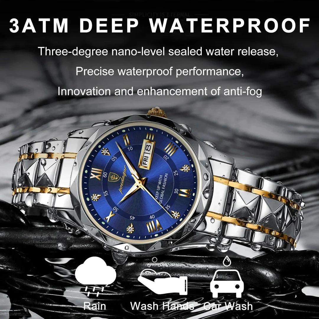 POEDAGAR Luxury Stainless Steel Quartz Men's Watch with Luminous Date Week Display