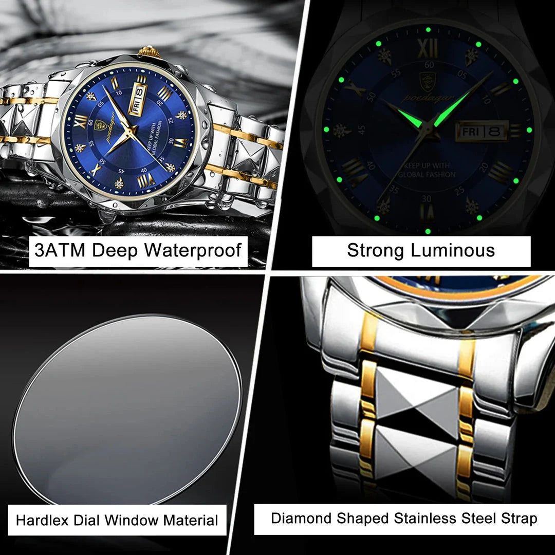 POEDAGAR Luxury Stainless Steel Quartz Men's Watch with Luminous Date Week Display