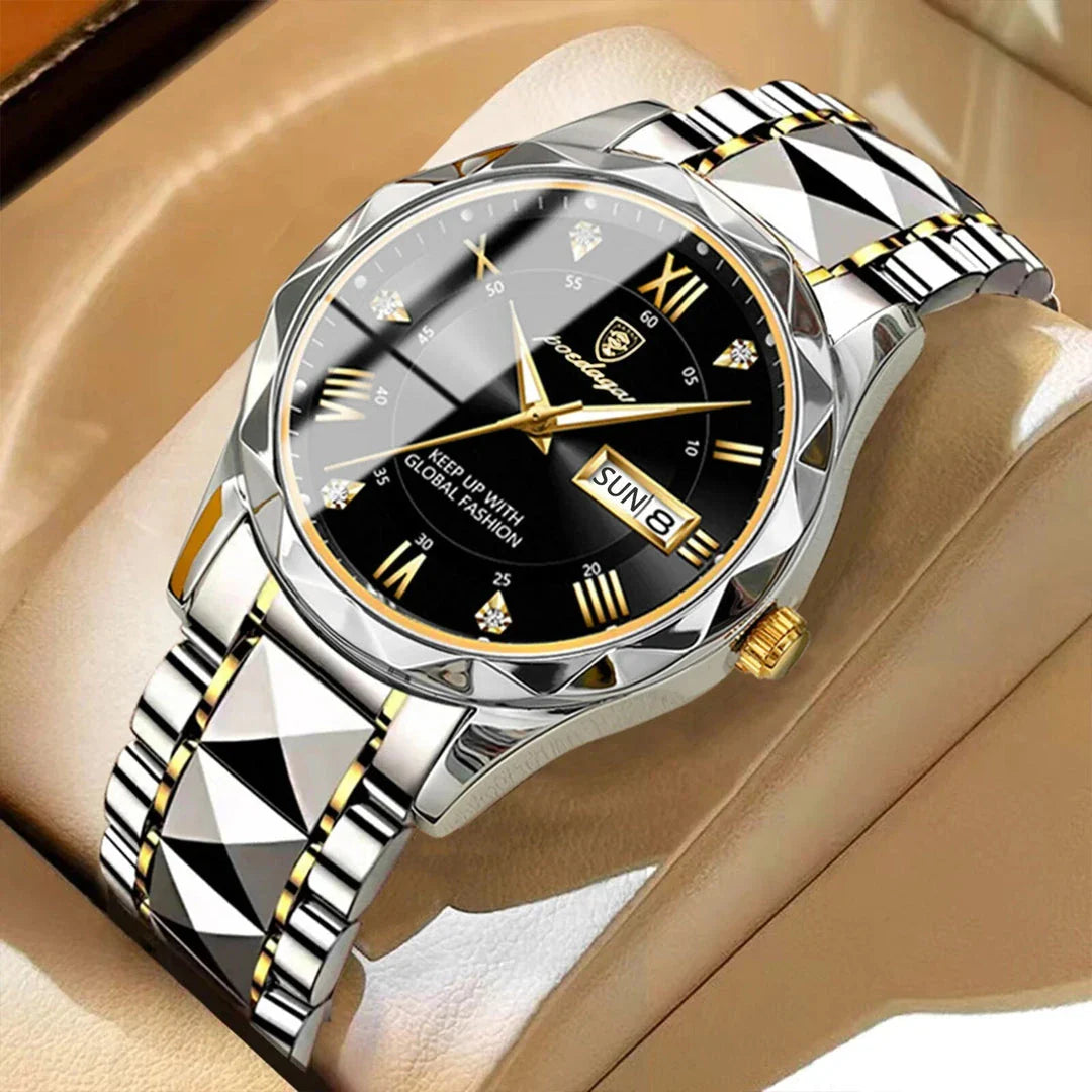 POEDAGAR Luxury Stainless Steel Quartz Men's Watch with Luminous Date Week Display