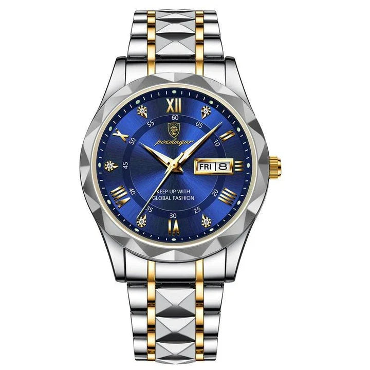 POEDAGAR Luxury Stainless Steel Quartz Men's Watch with Luminous Date Week Display