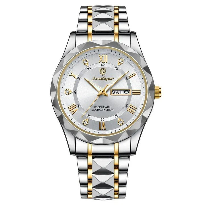 POEDAGAR Luxury Stainless Steel Quartz Men's Watch with Luminous Date Week Display