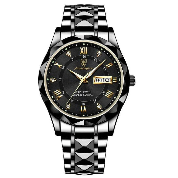 POEDAGAR Luxury Stainless Steel Quartz Men's Watch with Luminous Date Week Display