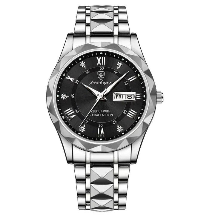 POEDAGAR Luxury Stainless Steel Quartz Men's Watch with Luminous Date Week Display