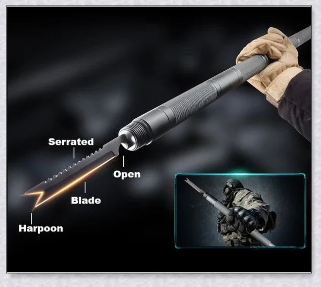 Multipurpose tactical trekking pole with adjustable length, grey colour, and various attachments like compass, whistle, and screwdriver