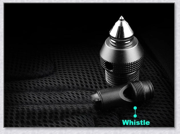 Multipurpose tactical trekking pole with adjustable length, grey colour, and various attachments like compass, whistle, and screwdriver