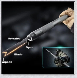 Multipurpose tactical trekking pole with adjustable length, grey colour, and various attachments like compass, whistle, and screwdriver