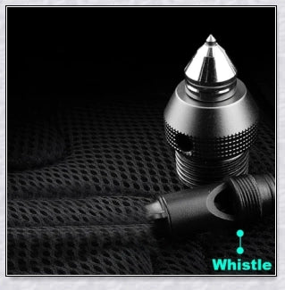 Multipurpose tactical trekking pole with adjustable length, grey colour, and various attachments like compass, whistle, and screwdriver