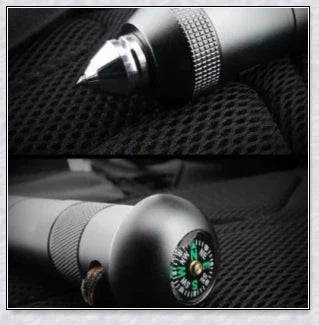 Multipurpose tactical trekking pole with adjustable length, grey colour, and various attachments like compass, whistle, and screwdriver