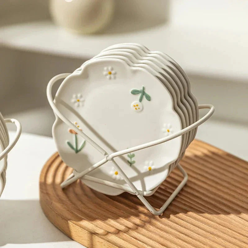 Chic Daisy Design Ceramic Plates Set - 6-inch plates with elegant floral pattern for serving desserts, appetizers, and more